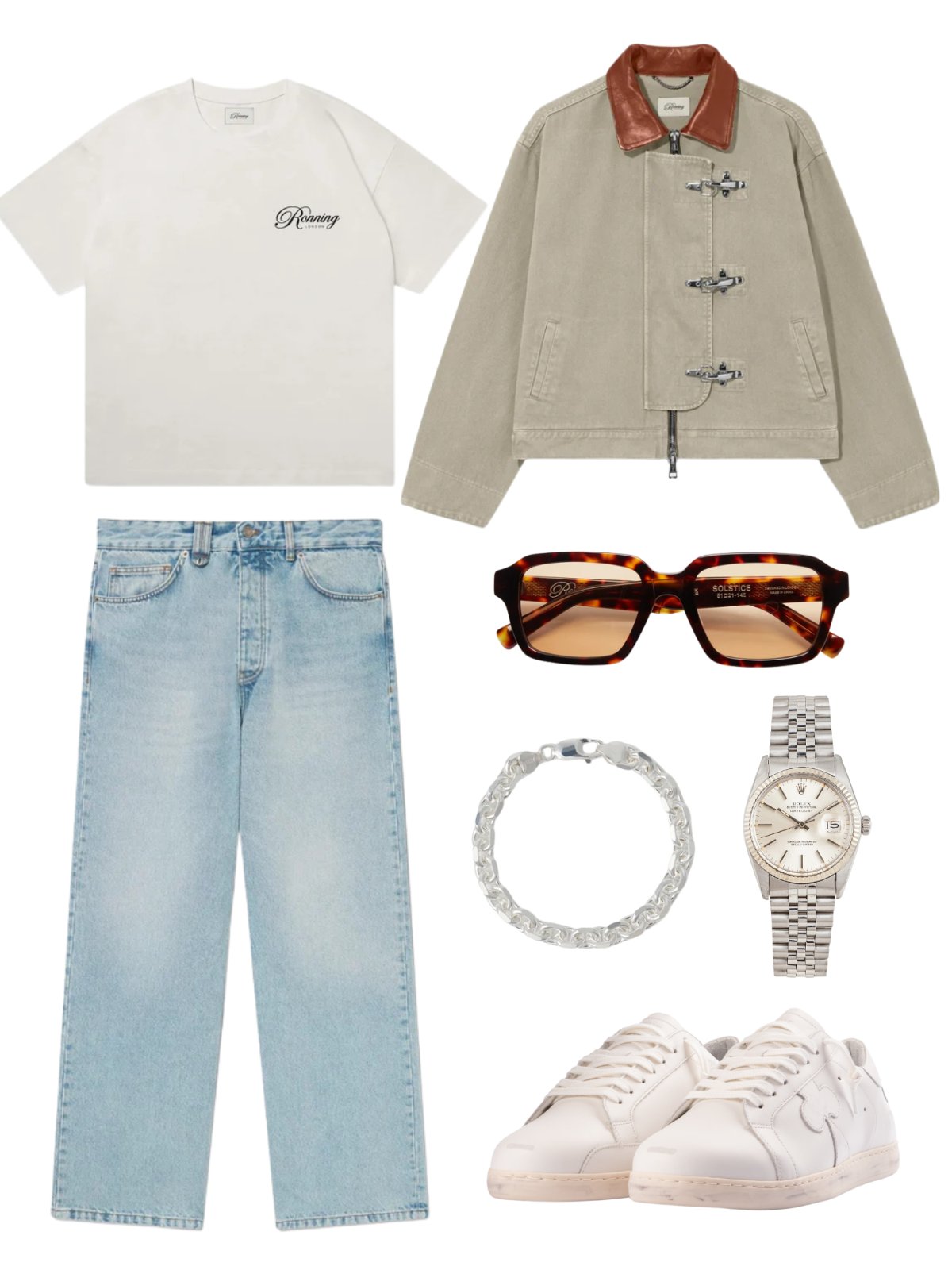 Khaki, Denim & Silver — vintage — outfit herr — with outerwear and t-shirt