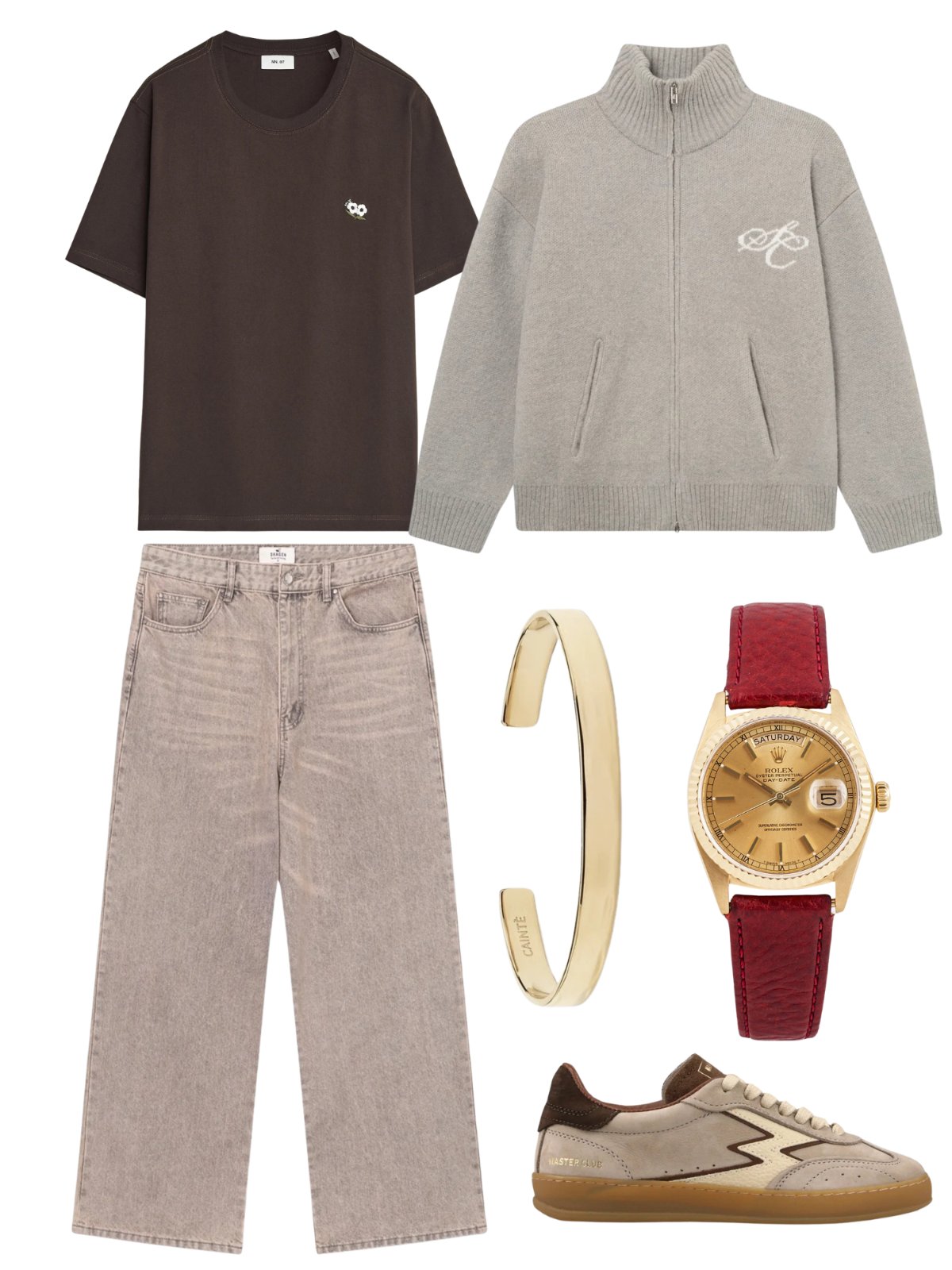 Neutral Tones & Gold — streetwear — outfit herr — with jeans and sweater