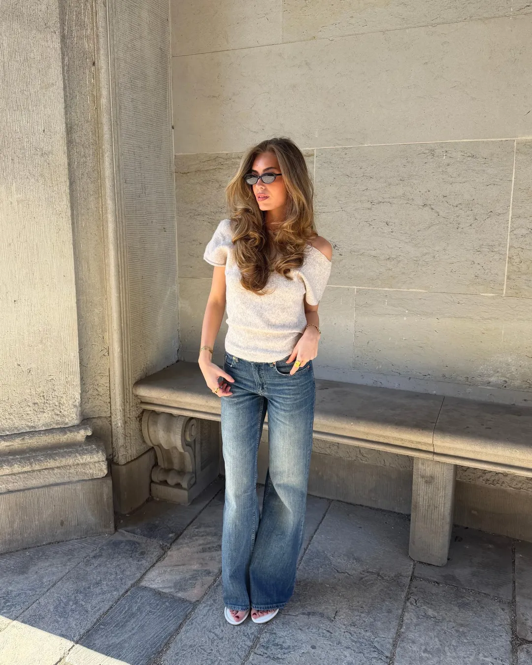 Wide Neck Knit Top & Loose Flare Jeans