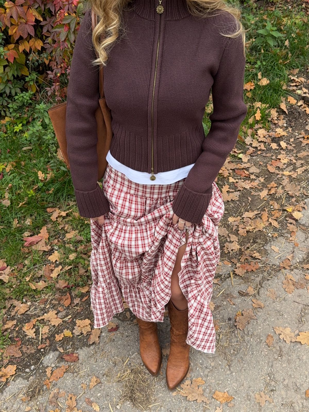 Plaid Skirt & Cognac — vintage — outfit dam — med tröja och t-shirt — av Sofia Eriksson